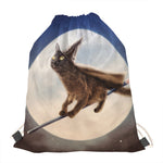 Halloween Flying Witch Cat Print Drawstring Bag