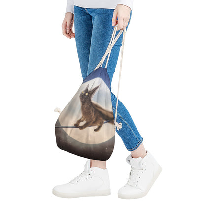 Halloween Flying Witch Cat Print Drawstring Bag