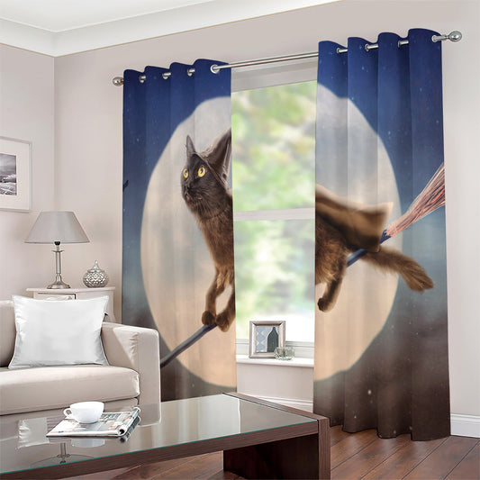 Halloween Flying Witch Cat Print Extra Wide Grommet Curtains