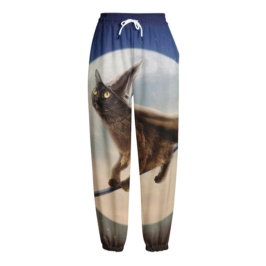 Halloween Flying Witch Cat Print Fleece Lined Knit Pants