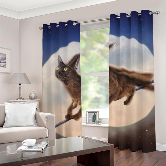 Halloween Flying Witch Cat Print Grommet Curtains