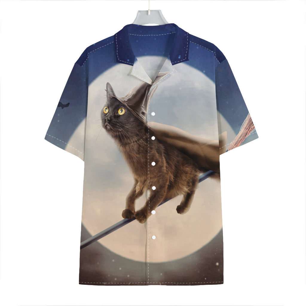 Halloween Flying Witch Cat Print Hawaiian Shirt