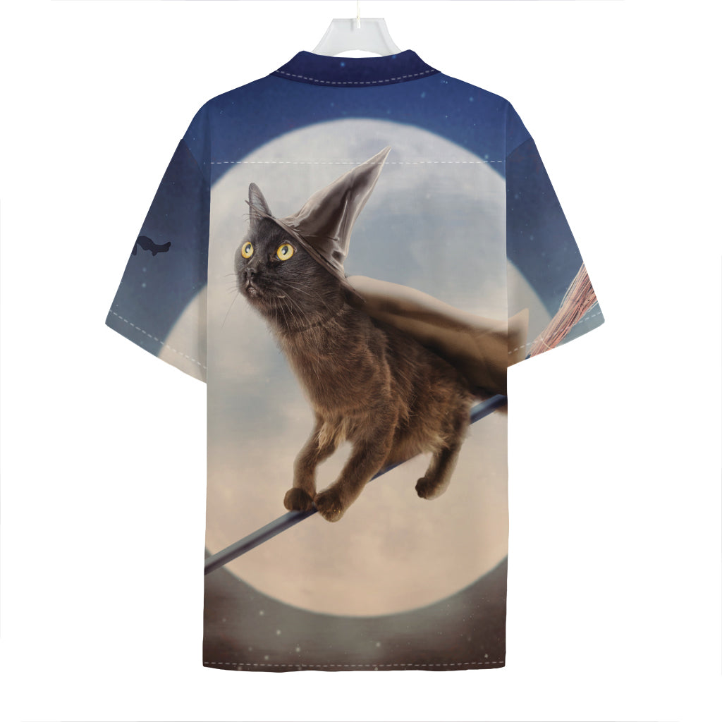 Halloween Flying Witch Cat Print Hawaiian Shirt