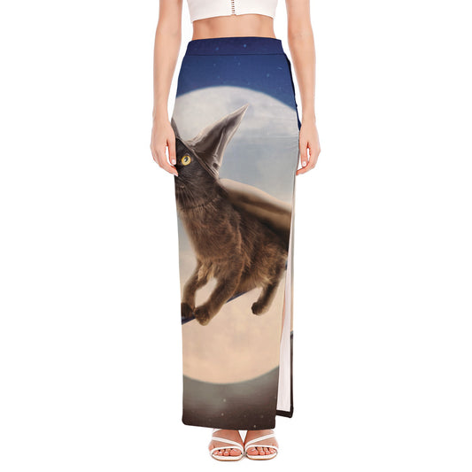 Halloween Flying Witch Cat Print High Slit Maxi Skirt