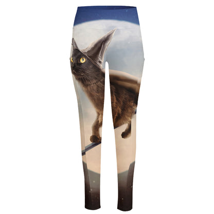 Halloween Flying Witch Cat Print High-Waisted Pocket Leggings