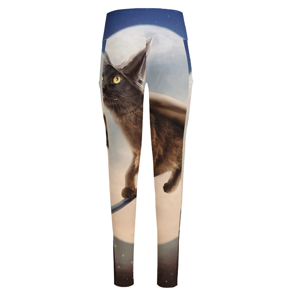 Halloween Flying Witch Cat Print High-Waisted Pocket Leggings