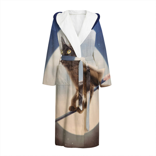 Halloween Flying Witch Cat Print Hooded Bathrobe