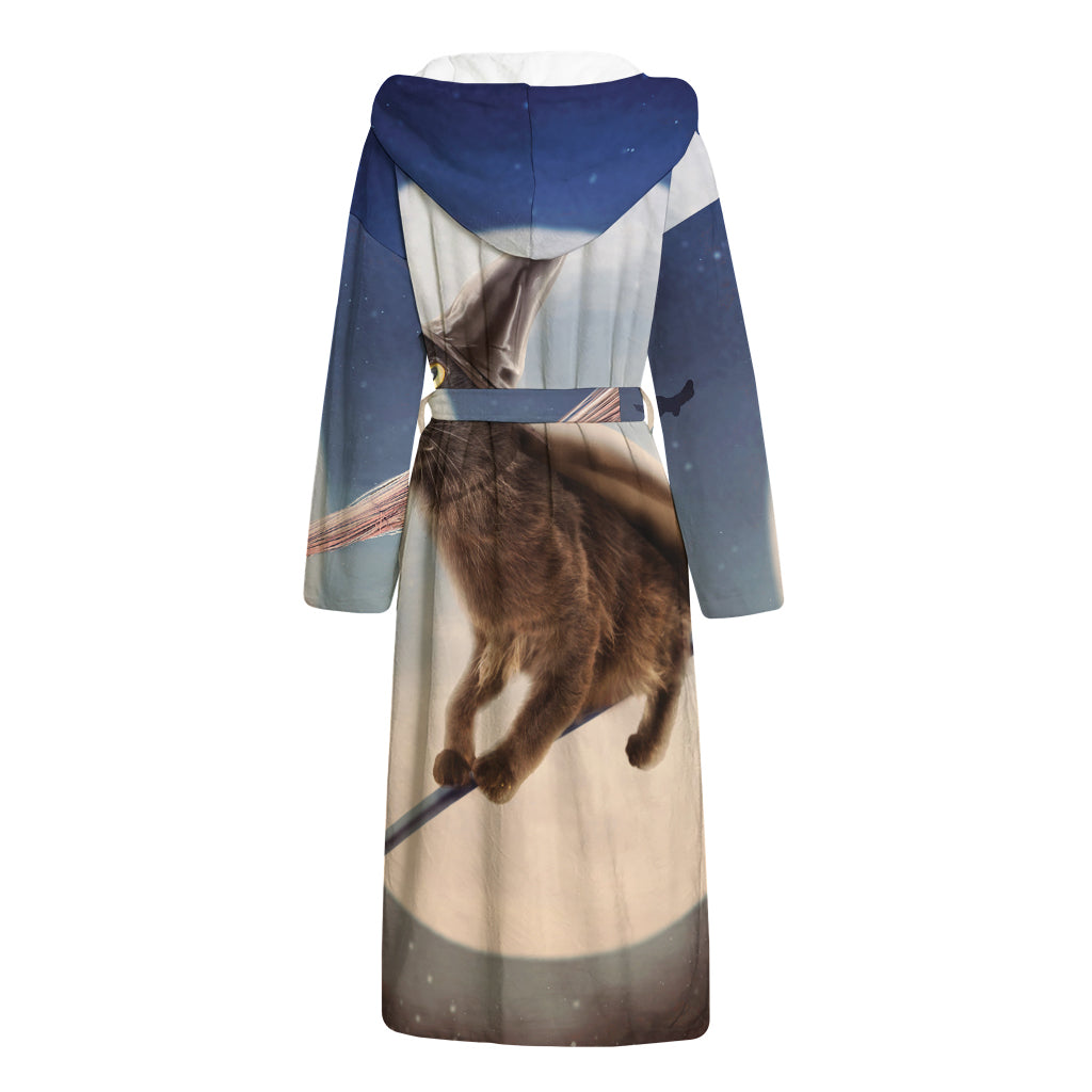 Halloween Flying Witch Cat Print Hooded Bathrobe