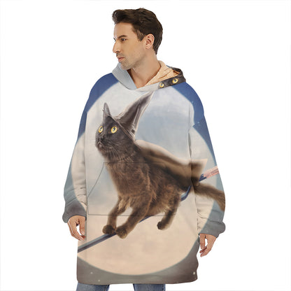 Halloween Flying Witch Cat Print Hoodie Blanket