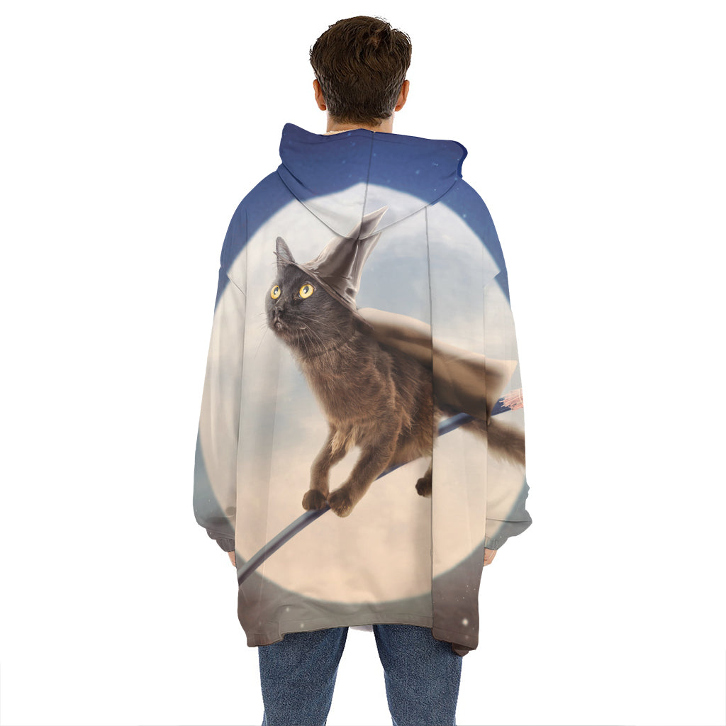 Halloween Flying Witch Cat Print Hoodie Blanket