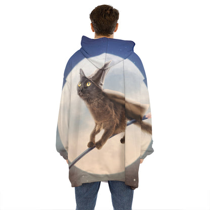 Halloween Flying Witch Cat Print Hoodie Blanket