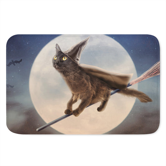 Halloween Flying Witch Cat Print Indoor Door Mat