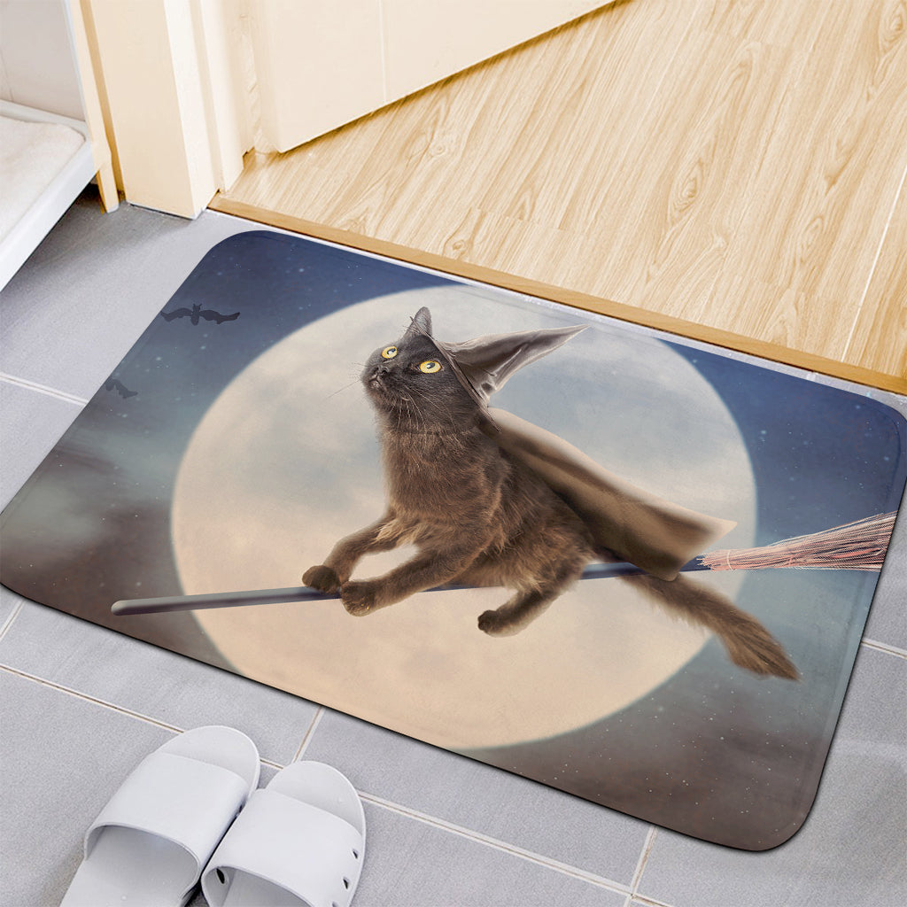 Halloween Flying Witch Cat Print Indoor Door Mat