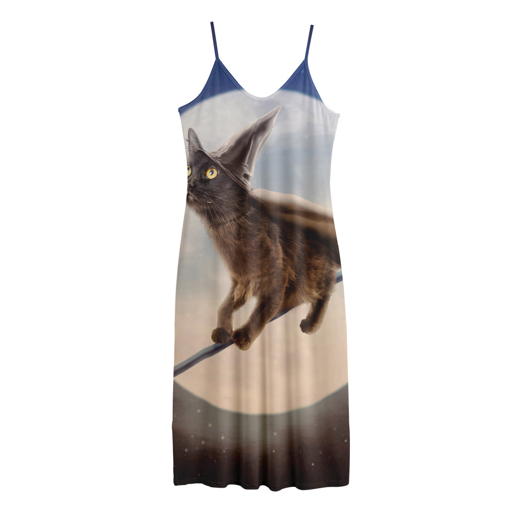 Halloween Flying Witch Cat Print Jersey Midi Cami Dress