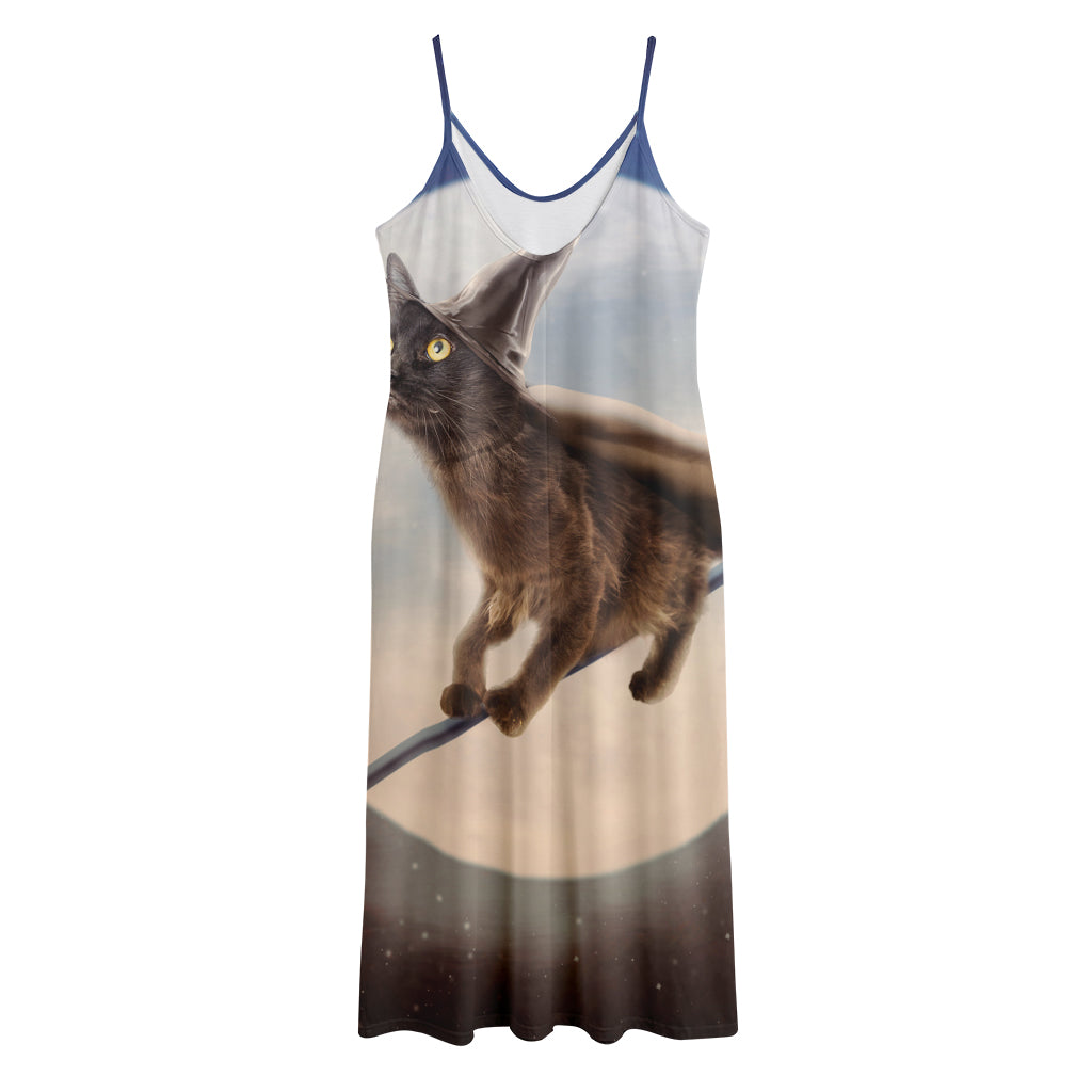 Halloween Flying Witch Cat Print Jersey Midi Cami Dress
