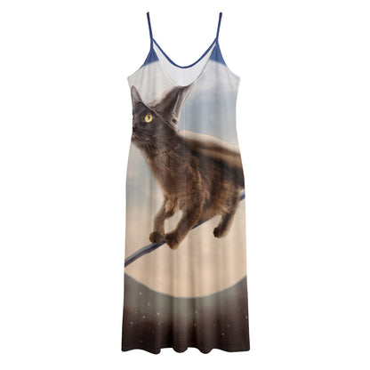 Halloween Flying Witch Cat Print Jersey Midi Cami Dress