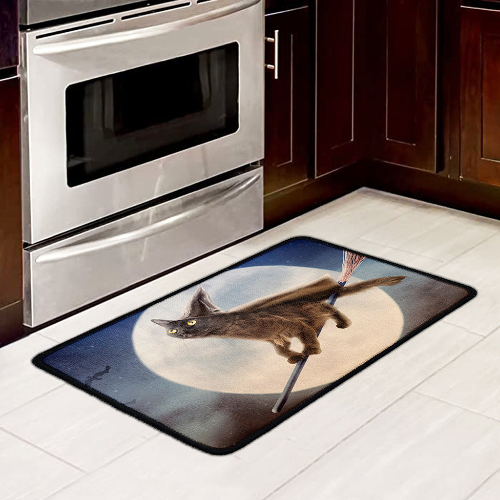 Halloween Flying Witch Cat Print Kitchen Mat