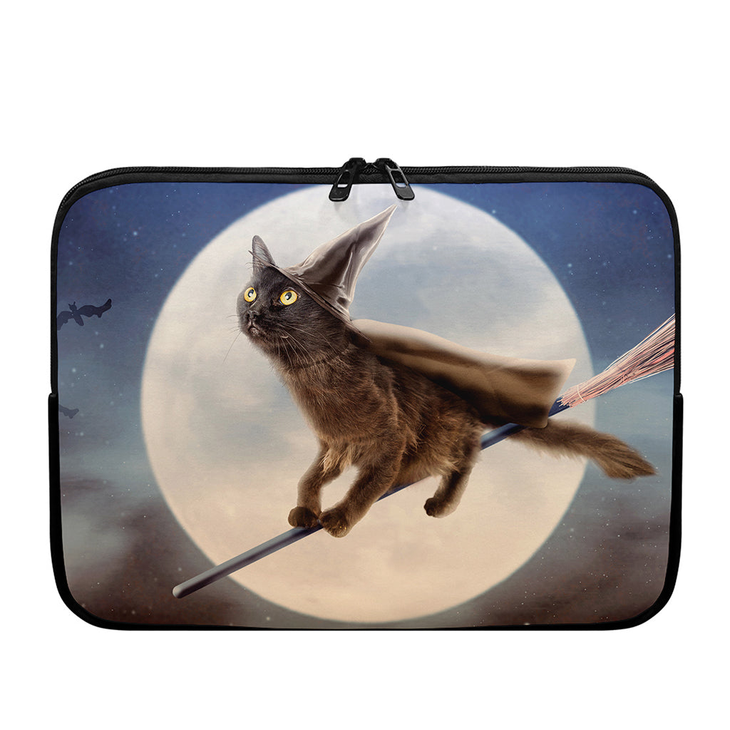 Halloween Flying Witch Cat Print Laptop Sleeve