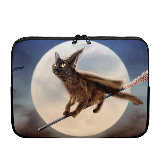 Halloween Flying Witch Cat Print Laptop Sleeve