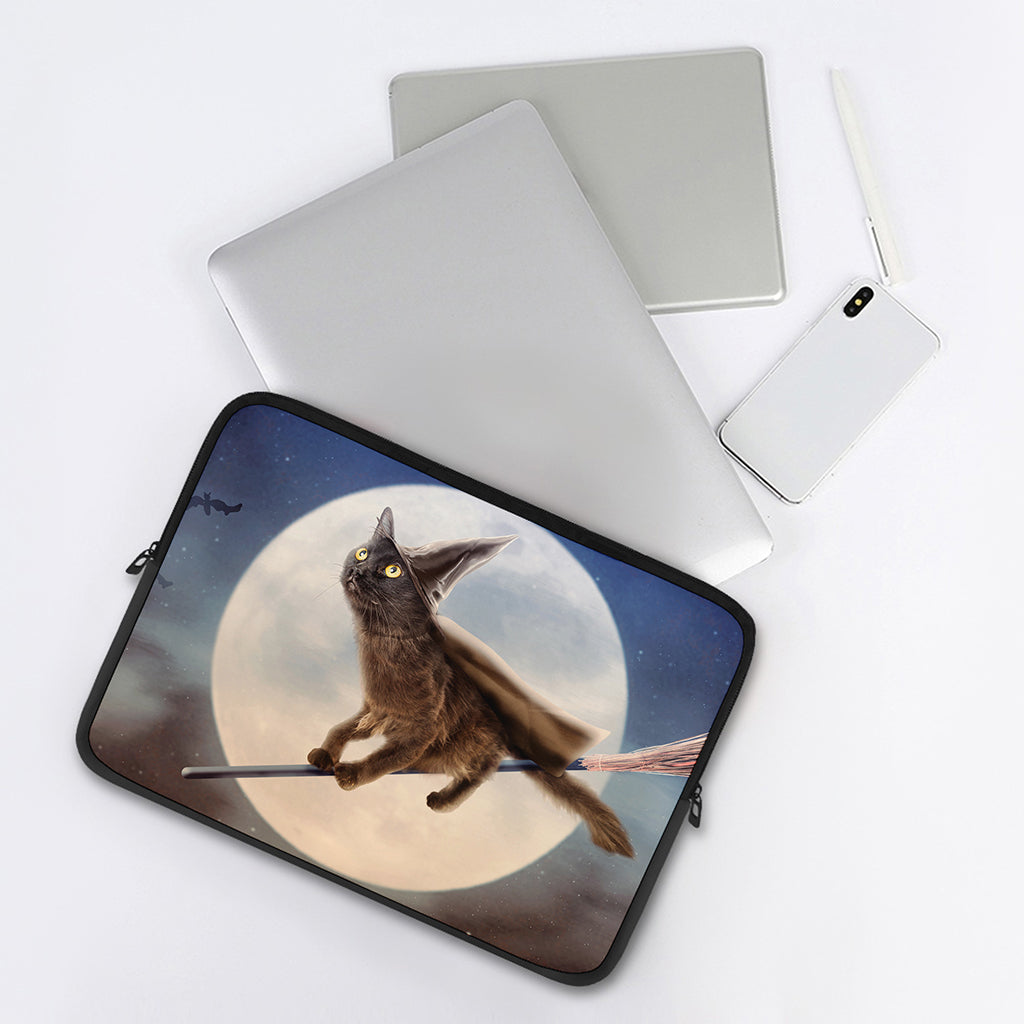 Halloween Flying Witch Cat Print Laptop Sleeve
