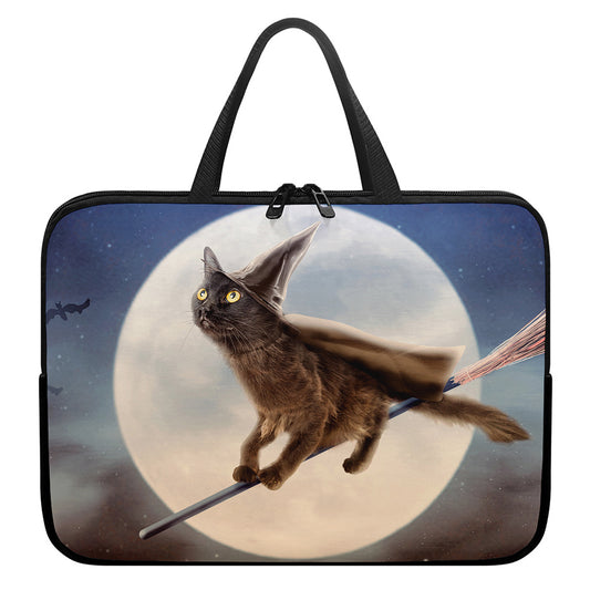 Halloween Flying Witch Cat Print Laptop Sleeve With Handle