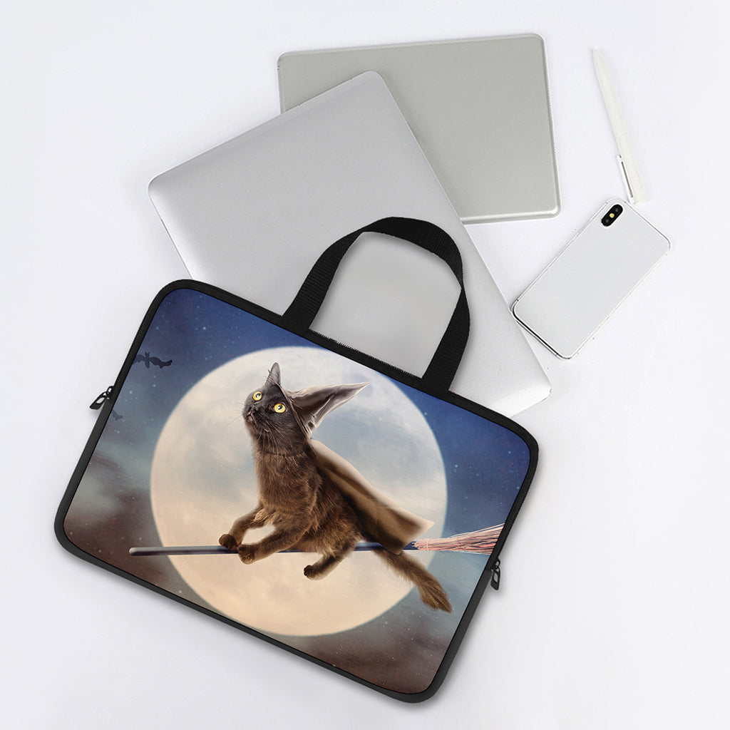 Halloween Flying Witch Cat Print Laptop Sleeve With Handle