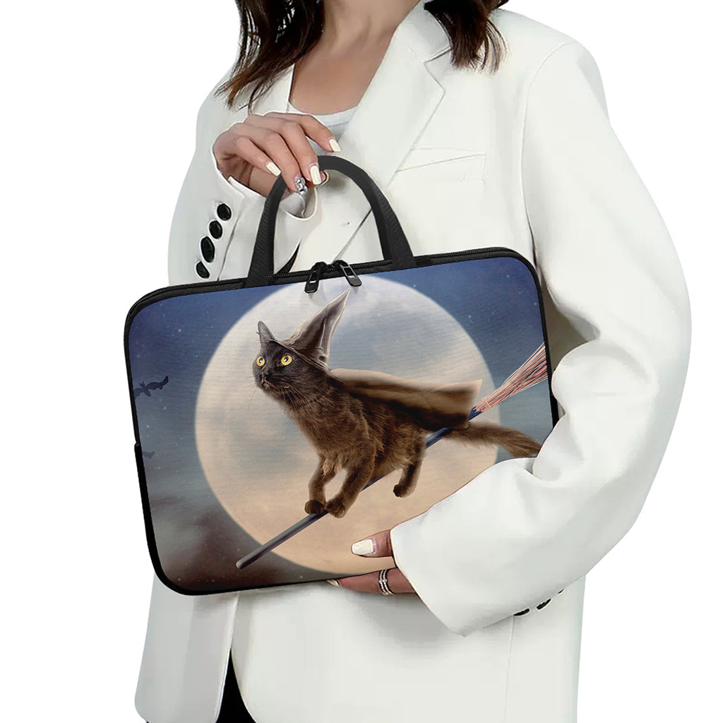 Halloween Flying Witch Cat Print Laptop Sleeve With Handle