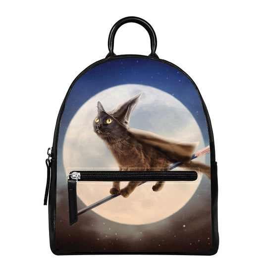 Halloween Flying Witch Cat Print Leather Backpack