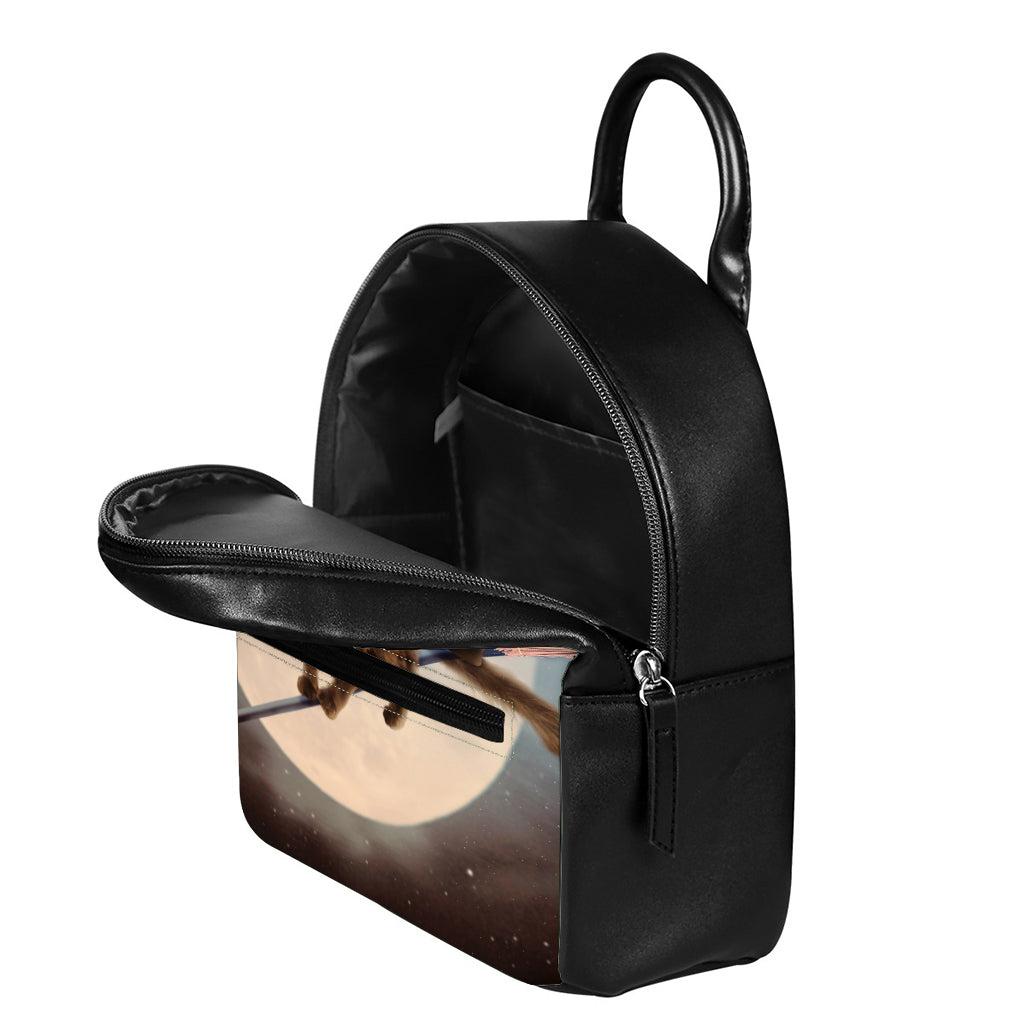 Halloween Flying Witch Cat Print Leather Backpack