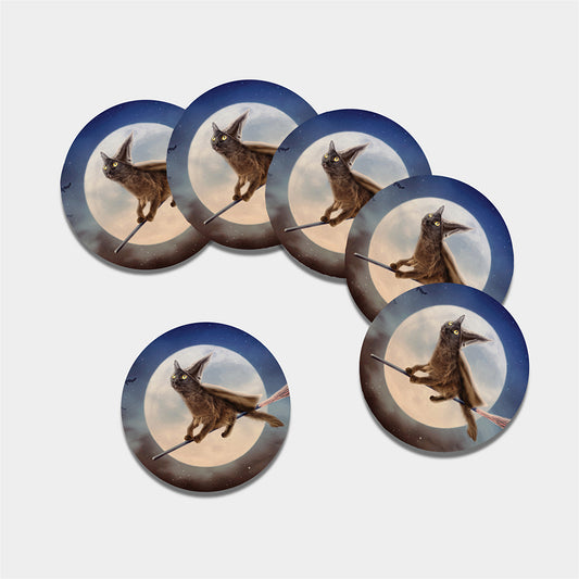 Halloween Flying Witch Cat Print Leather Coaster Set