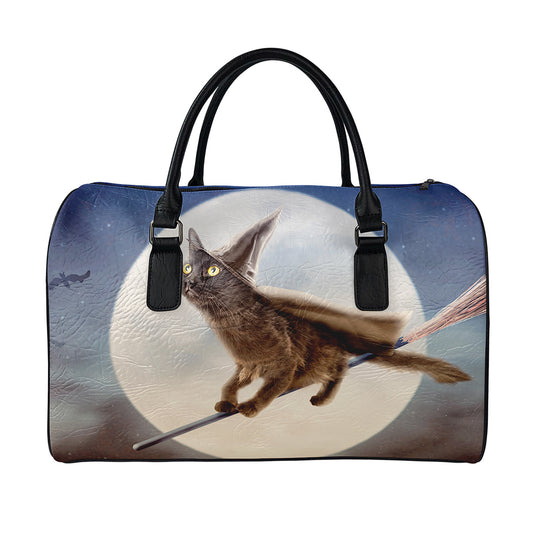 Halloween Flying Witch Cat Print Leather Duffle Bag