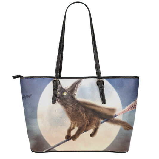 Halloween Flying Witch Cat Print Leather Tote Bag