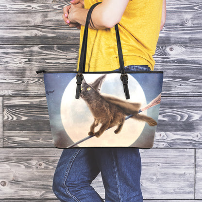 Halloween Flying Witch Cat Print Leather Tote Bag