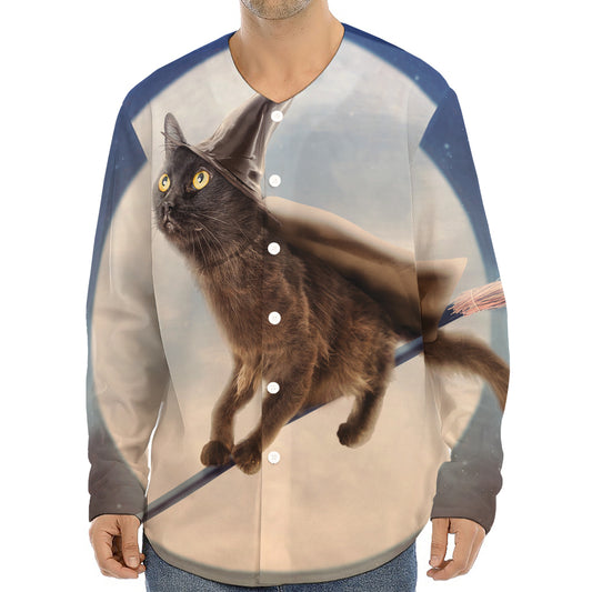 Halloween Flying Witch Cat Print Long Sleeve Baseball Jersey