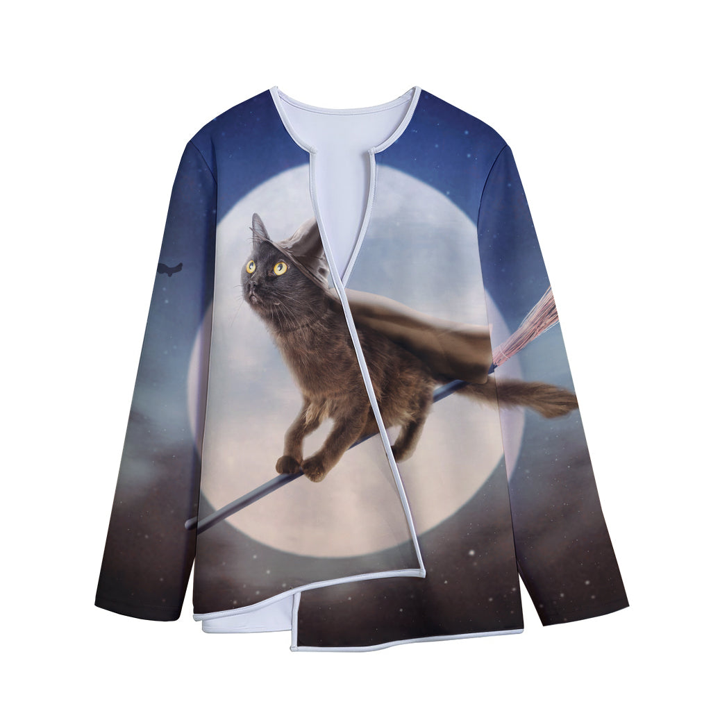 Halloween Flying Witch Cat Print Long Sleeve Short Coat