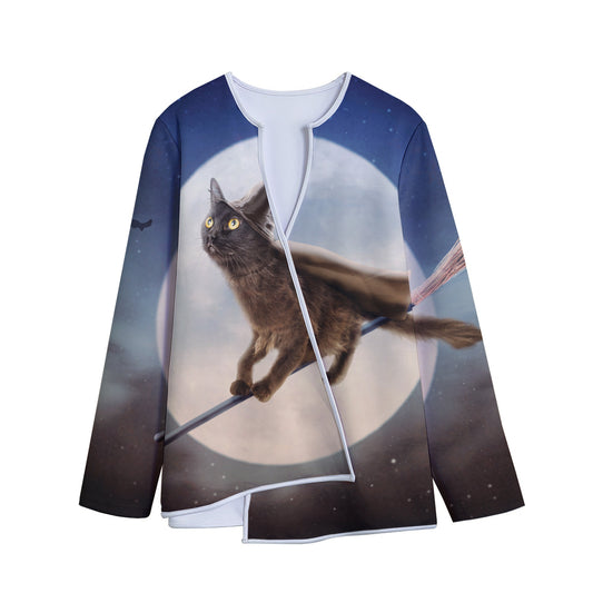Halloween Flying Witch Cat Print Long Sleeve Short Coat