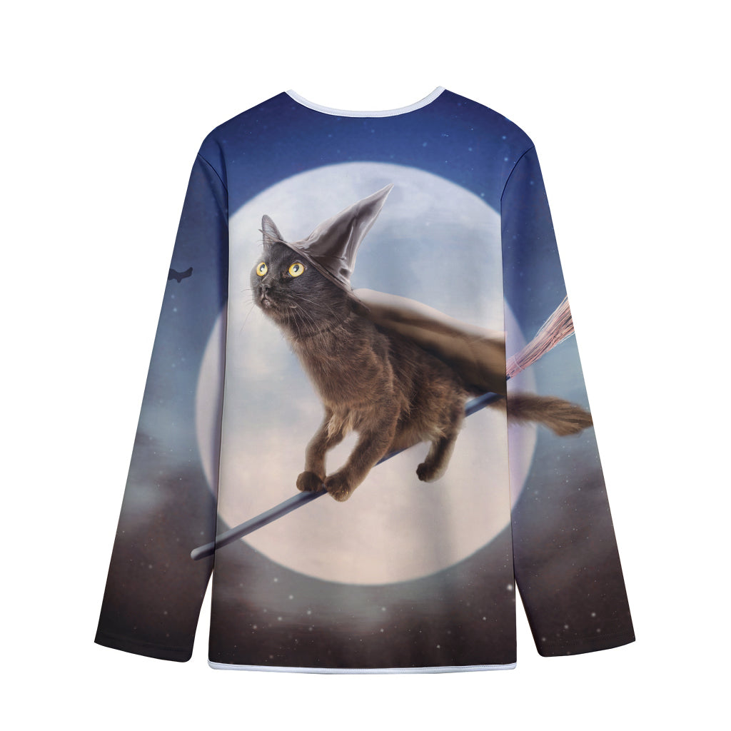 Halloween Flying Witch Cat Print Long Sleeve Short Coat