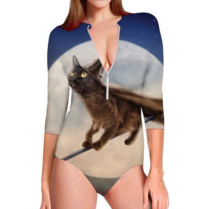 Halloween Flying Witch Cat Print Long Sleeve Swimsuit