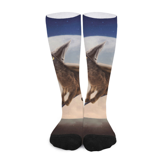 Halloween Flying Witch Cat Print Long Socks