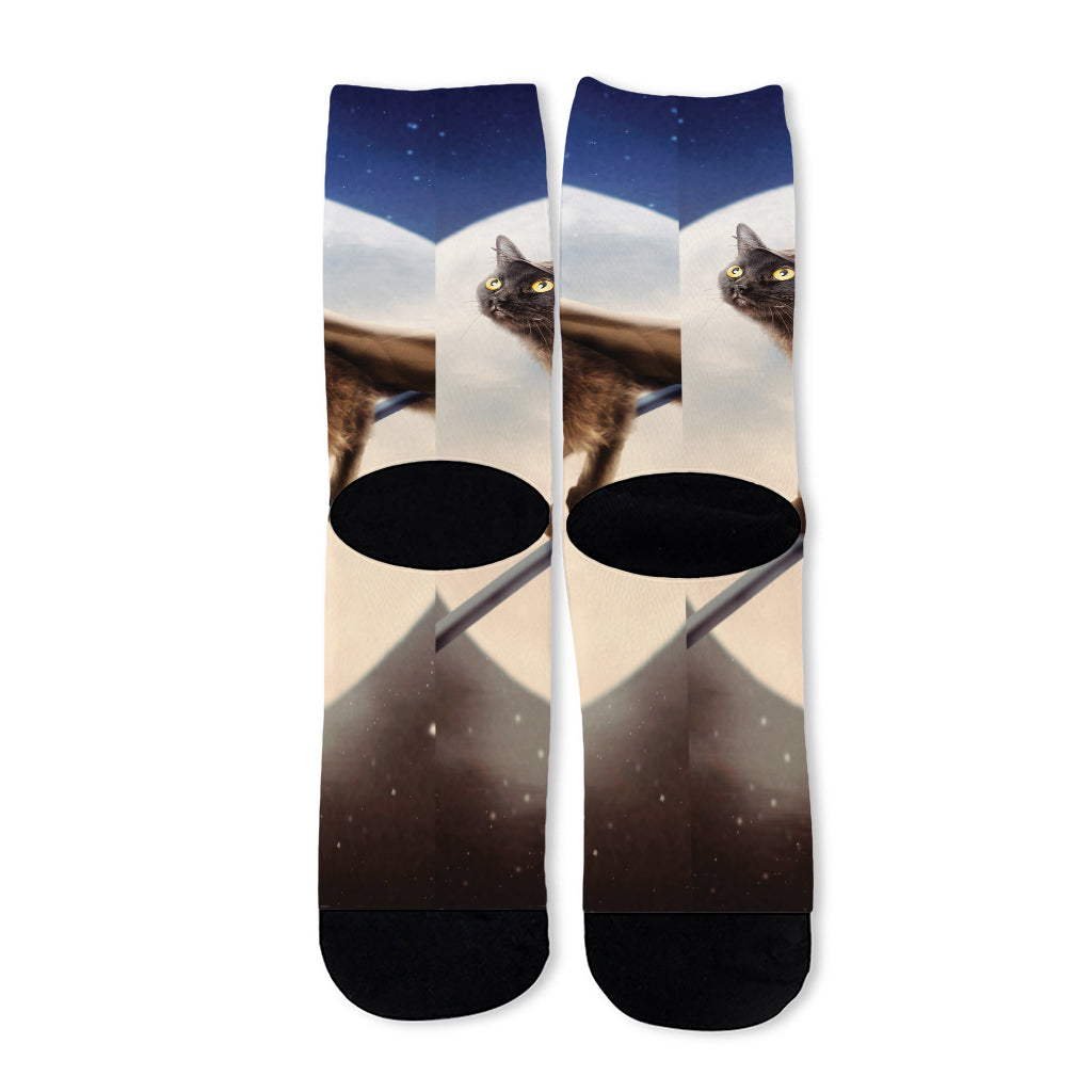 Halloween Flying Witch Cat Print Long Socks