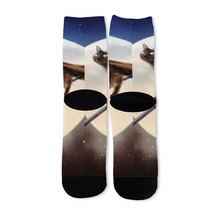 Halloween Flying Witch Cat Print Long Socks