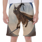 Halloween Flying Witch Cat Print Men's Beach Shorts