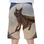 Halloween Flying Witch Cat Print Men's Beach Shorts