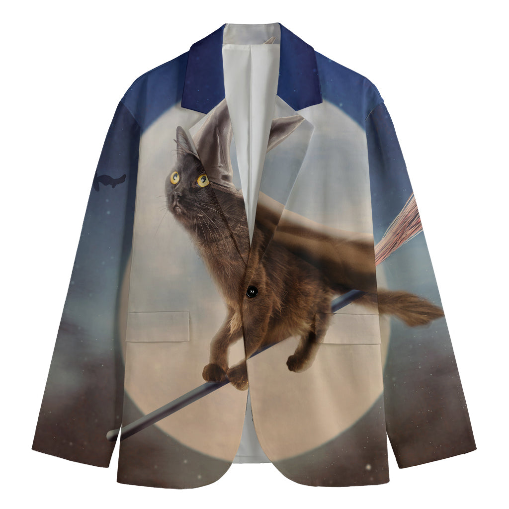 Halloween Flying Witch Cat Print Men's Blazer