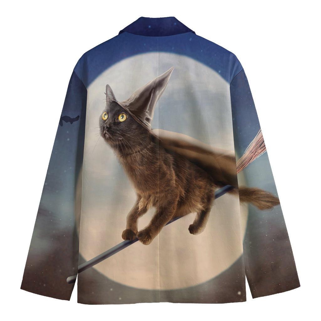 Halloween Flying Witch Cat Print Men's Blazer