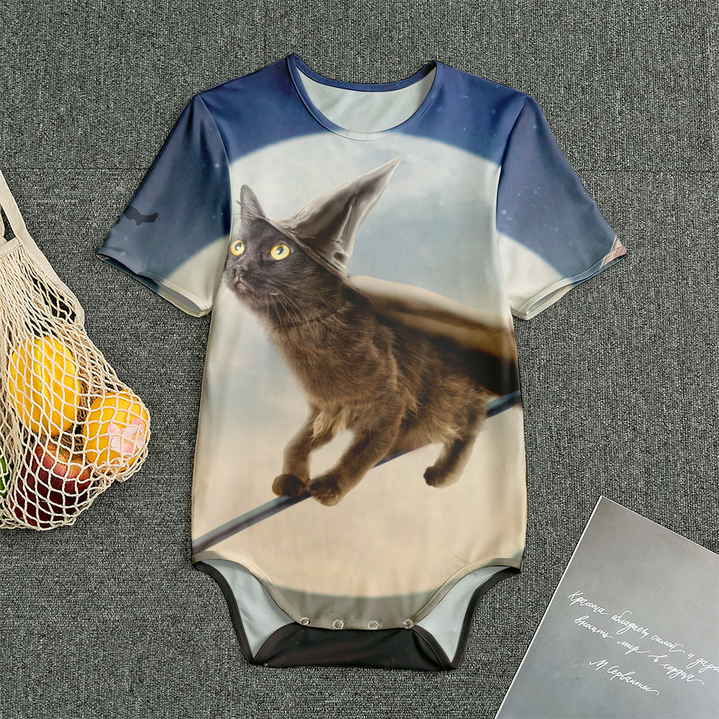 Halloween Flying Witch Cat Print Men's Bodysuit
