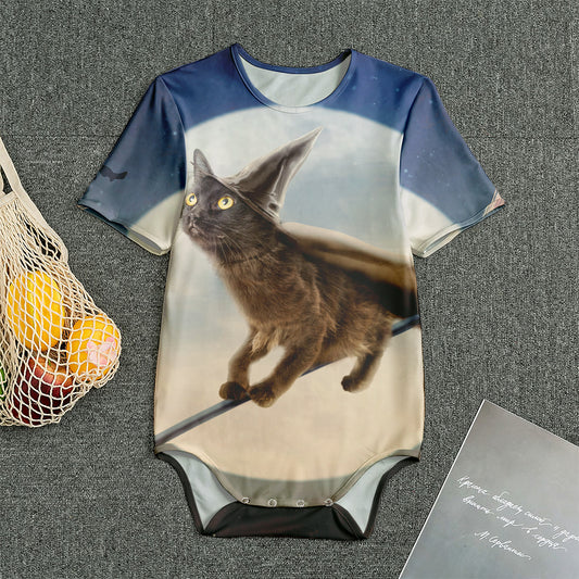 Halloween Flying Witch Cat Print Men's Bodysuit
