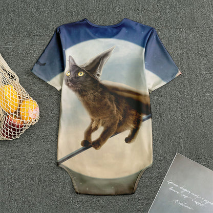 Halloween Flying Witch Cat Print Men's Bodysuit