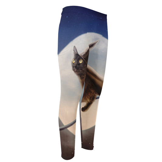 Halloween Flying Witch Cat Print Men's Compression Pants