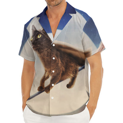 Halloween Flying Witch Cat Print Men's Deep V-Neck Shirt